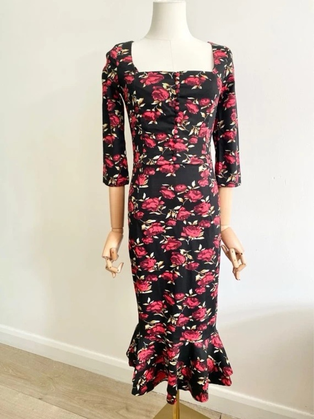 Black Maxi Dress with Pink Floral Print and Square Neck